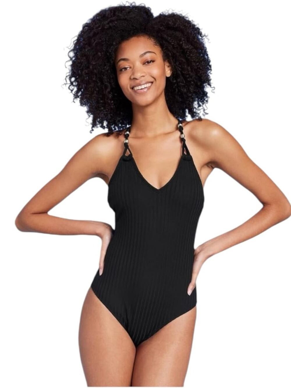 Shade & Shore Black Ribbed V-Neck One Piece Swimsuit with Bead Knot Detail